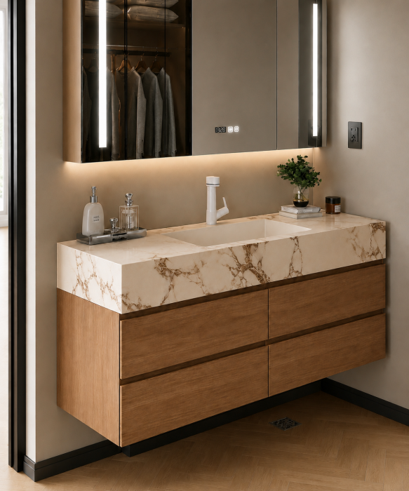 Set mobilier baie suspendat 120 cm cu lavoar și oglindă LED inteligentă cu dezaburire, ceas digital și dulap – GGS117 [2]