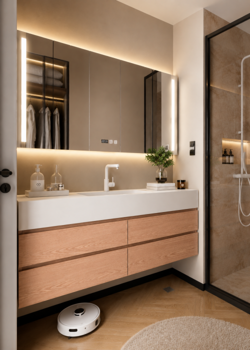 Set mobilier baie suspendat 120 cm cu lavoar și oglindă LED inteligentă cu dezaburire, ceas digital și dulap - GGS150 [2]