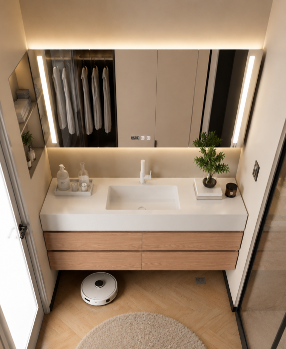 Set mobilier baie suspendat 120 cm cu lavoar și oglindă LED inteligentă cu dezaburire, ceas digital și dulap - GGS150 [3]
