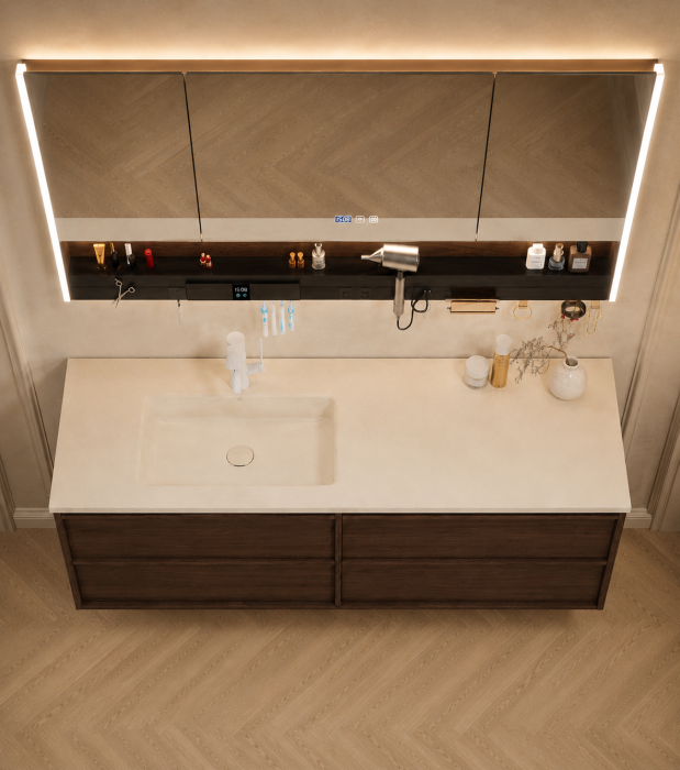 Set mobilier baie suspendat 120 cm cu lavoar și oglindă LED inteligentă cu dezaburire, ceas digital și dulap - GGS188 [4]