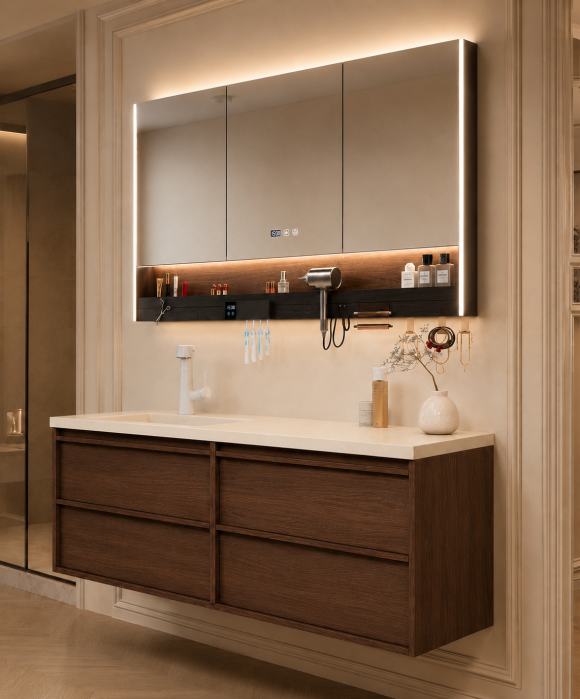Set mobilier baie suspendat 120 cm cu lavoar și oglindă LED inteligentă cu dezaburire, ceas digital și dulap - GGS188 [2]