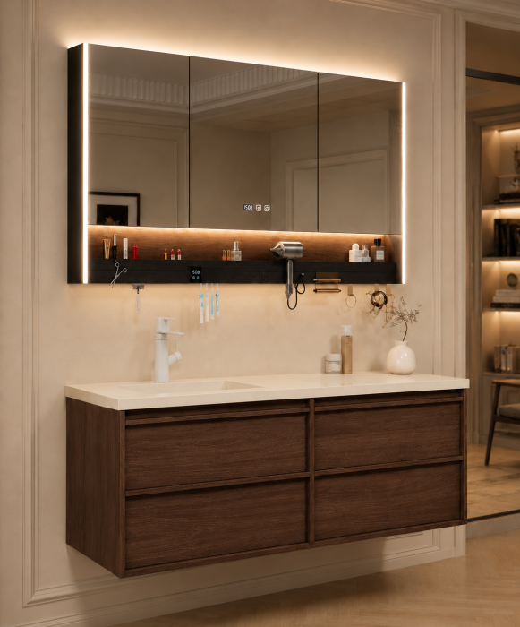 Set mobilier baie suspendat 120 cm cu lavoar și oglindă LED inteligentă cu dezaburire, ceas digital și dulap - GGS188 [3]