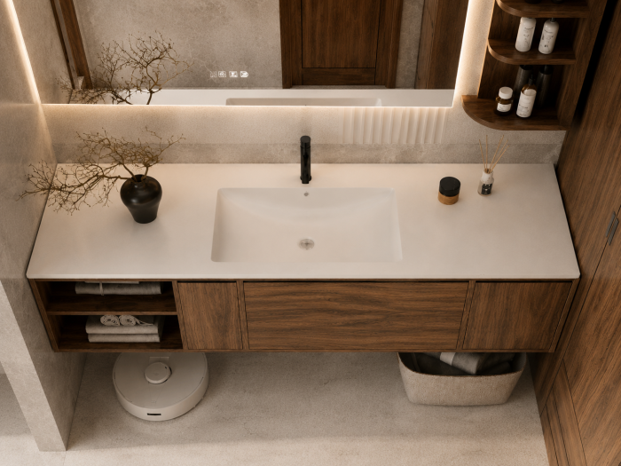 Set mobilier baie suspendat 150 cm cu lavoar din piatră compozită, oglindă LED cu funcție de dezaburire și raft lateral – Lemn stratificat- GGS153 [4]