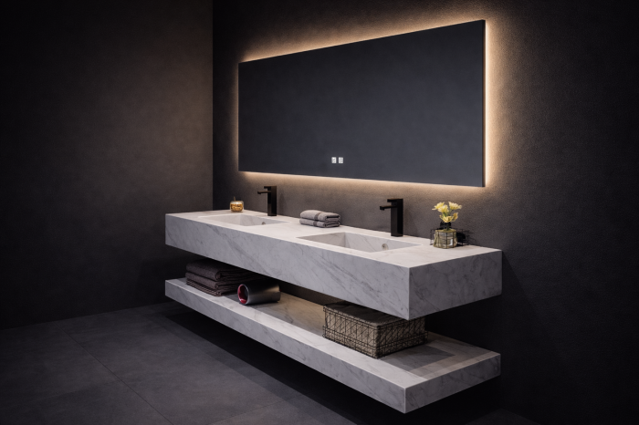 Set Mobilier Baie Suspendat Dublu 160 cm din Piatră Sinterizată cu Oglindă LED - YB160-B [2]