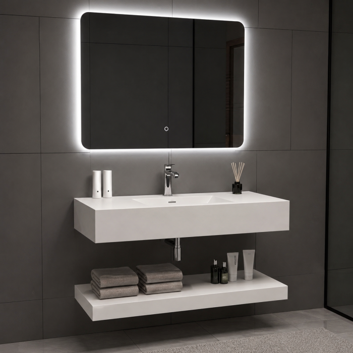 Set Mobilier Baie Suspendat 80 cm din Piatră Sinterizata cu Oglindă LED – RW8050-PW [2]