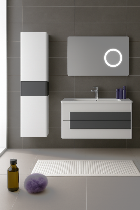 Set Mobilier Baie Suspendat 80 cm din PVC – cu Lavoar Ceramic, Coloană Laterală și Oglindă LED 2311 [2]