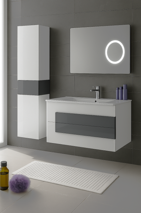 Set Mobilier Baie Suspendat 80 cm din PVC – cu Lavoar Ceramic, Coloană Laterală și Oglindă LED 2311 [3]