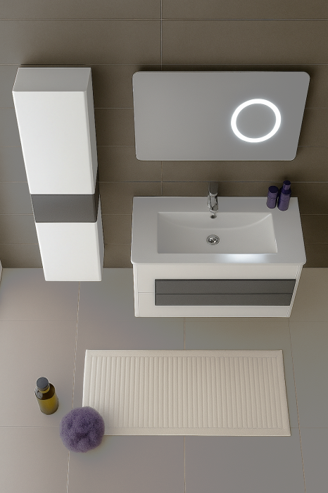 Set Mobilier Baie Suspendat 80 cm din PVC – cu Lavoar Ceramic, Coloană Laterală și Oglindă LED 2311 [4]