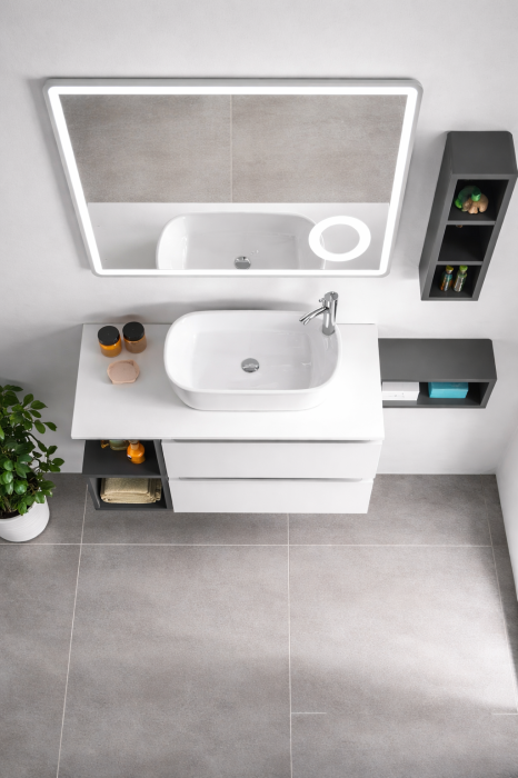 Set Mobilier Baie Suspendat 80 cm din PVC cu Lavoar Ceramic, Oglindă LED și Corp Suspendat - 2766 [3]