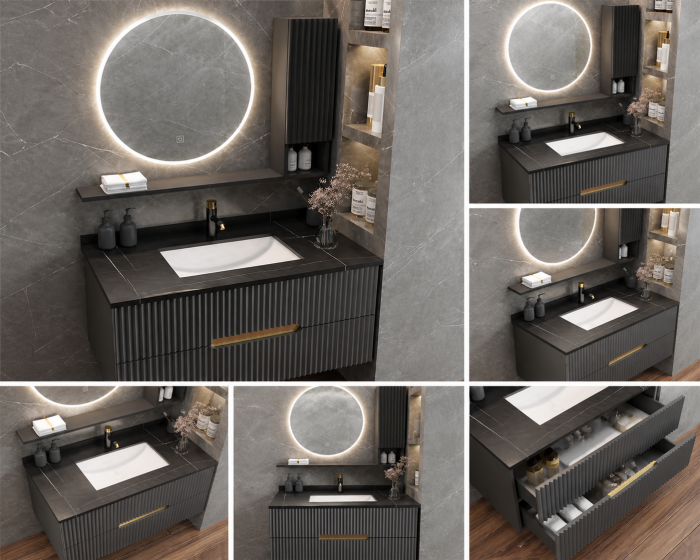 Set mobilier baie suspendat gri antracit 80 cm lavoar tip rock, oglindă LED si dulapior suspendat - 2910 [2]