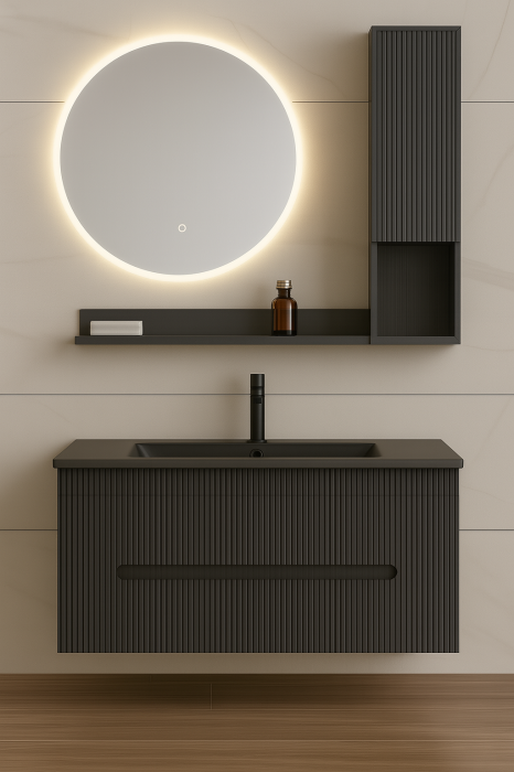 Set Mobilier Baie Suspendat 80 cm – Gri Antracit cu Lavoar Negru  – Dulap lateral, etajera, Oglindă LED și Lavoar Ceramic 2910 [1]