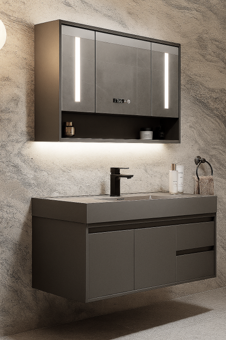 Set Mobilier Baie Suspendat 80 cm –  Oglindă LED cu dulap și Afișaj Digital 2806 [2]