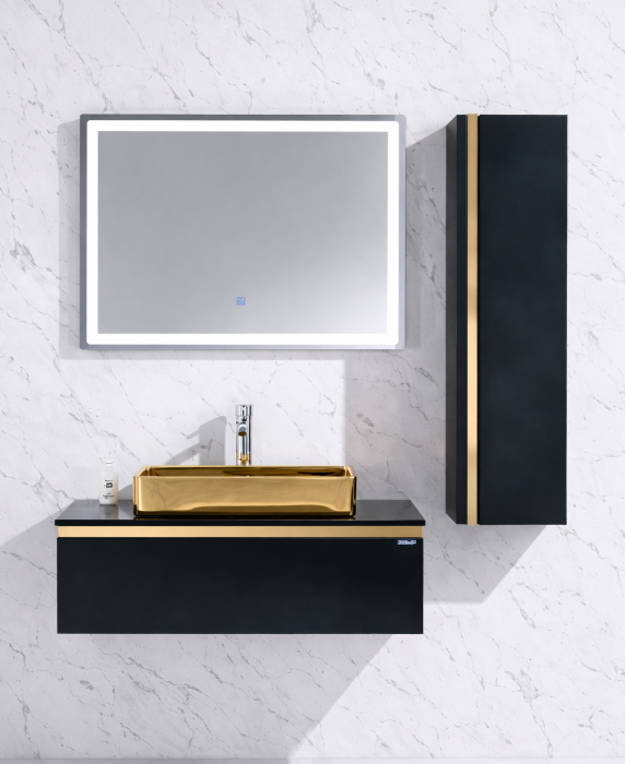 Set Mobilier Baie Suspendat 90 cm – Negru cu Accente Aurii, Lavoar Ceramic Auriu, Oglindă LED și Corp Suspendat 605B [2]
