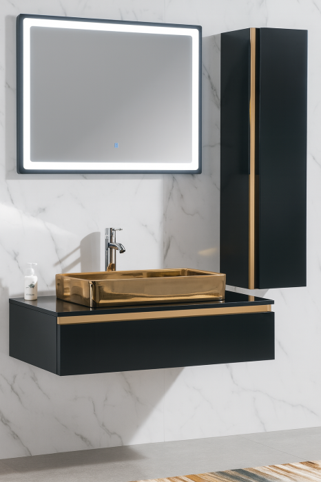 Set Mobilier Baie Suspendat 90 cm – Negru cu Accente Aurii, Lavoar Ceramic Auriu, Oglindă LED și Corp Suspendat 605B [1]