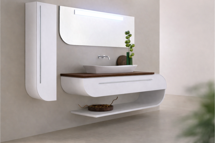 Set mobilier baie suspendat alb din PVC 120 cm cu lavoar ceramic, oglindă LED și dulap lateral  - 2192 [2]