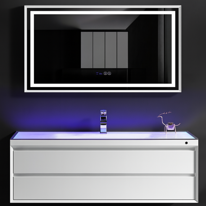 Set mobilier baie suspendat alb din PVC 120 cm cu lavoar din sticlă și oglindă LED - 2711 [1]