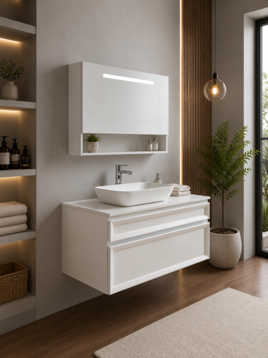 Set mobilier baie suspendat alb lucios din PVC 90 cm cu lavoar ceramic și oglindă LED cu dulap - 2936 [2]