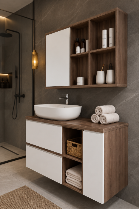 Set mobilier baie suspendat alb/maro din lemn 100 cm cu lavoar ceramic și oglindă - 2844 [3]