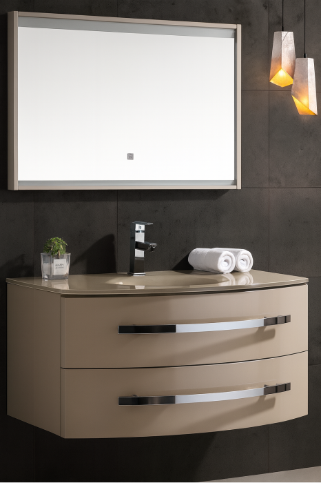 Set mobilier baie suspendat, Bej lucios din PVC 100 cm cu lavoar ceramic și oglindă LED - 2836 [1]