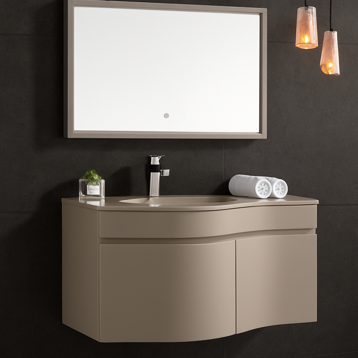 Set mobilier baie suspendat crem din PVC 100 cm cu lavoar și oglindă LED - 2834 [1]