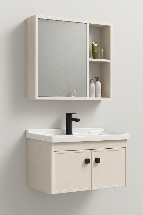 Set Mobilier Baie Suspendat din Aluminiu 60 cm – cu Lavoar Ceramic și Oglindă cu Rafturi XQ6005 [2]