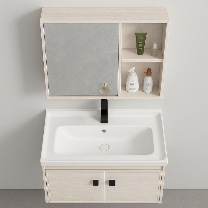 Set Mobilier Baie Suspendat din Aluminiu 60 cm – cu Lavoar Ceramic și Oglindă cu Rafturi XQ6005 [3]