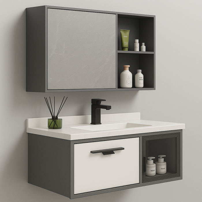 Set Mobilier Baie Suspendat din Aluminiu 70 cm – cu Lavoar Ceramic și Oglindă XQ6602 [2]