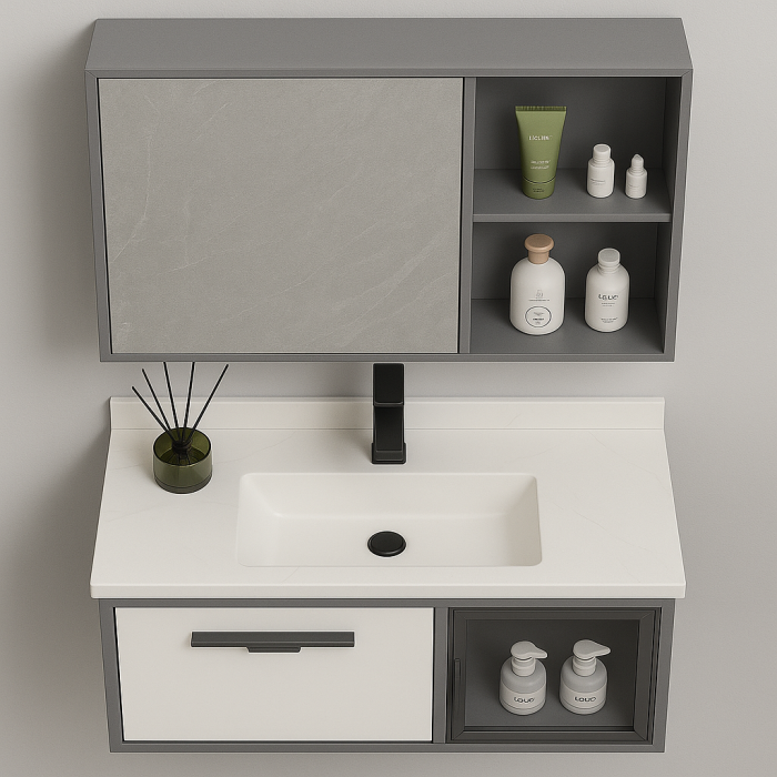 Set Mobilier Baie Suspendat din Aluminiu 70 cm – cu Lavoar Ceramic și Oglindă XQ6602 [3]