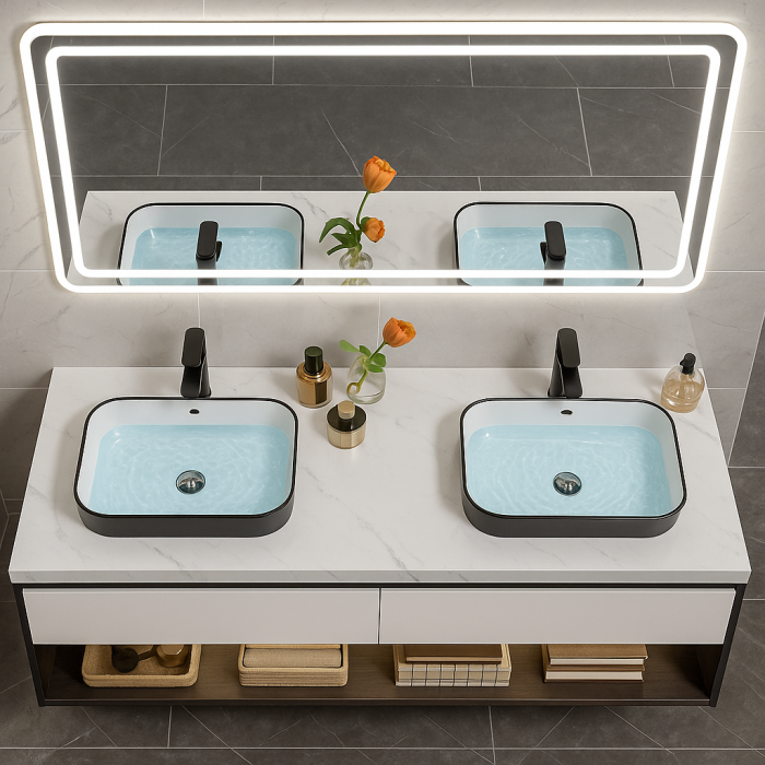 Set Mobilier Baie 150 cm - Lemn Premium cu 2 Lavoare, FARA OGLINDA 2428 [3]