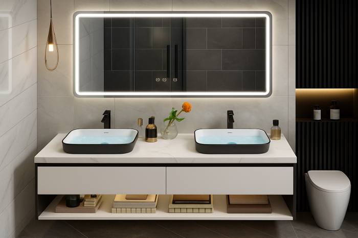 Set Mobilier Baie 150 cm - Lemn Premium cu 2 Lavoare, FARA OGLINDA 2428 [1]