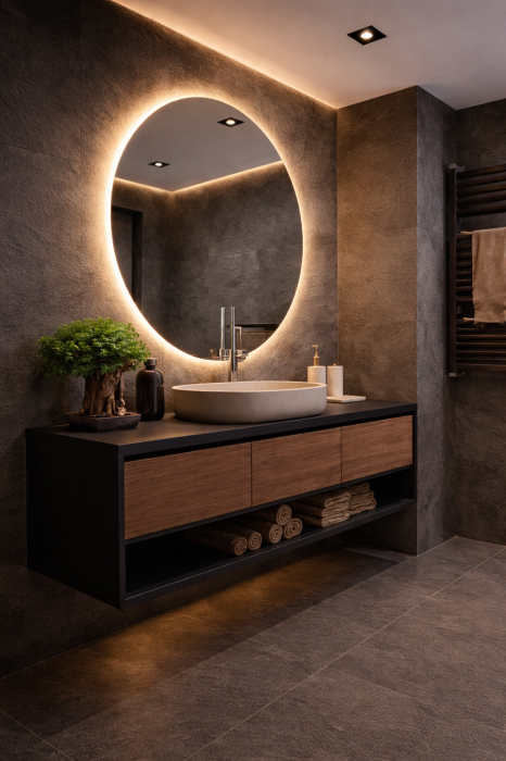 Set mobilier baie suspendat din lemn mdf+piatra sinterizata 120 cm cu lavoar și oglindă LED - 2805 [2]