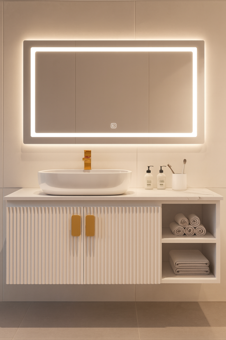 Set Mobilier Baie suspendat alb mat din PVC – 100 cm cu Lavoar Ceramic și Oglindă LED - 2720A [1]