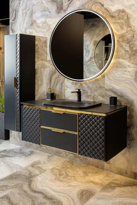 Set mobilier baie suspendat negru mat din PVC 120 cm cu lavoar, oglindă si dulap lateral suspendat - 2877 [1]