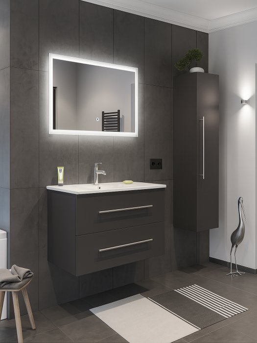 Set Mobilier Baie Suspendat,  Antracit – 80 cm cu Dulap Lateral, Lavoar Ceramic și Oglindă LED 2723 [3]