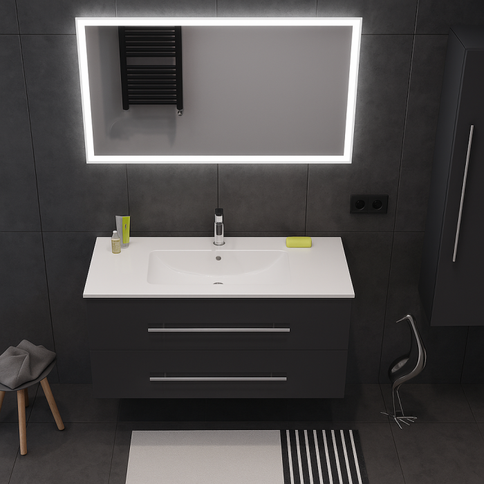 Set Mobilier Baie Suspendat,  Antracit – 80 cm cu Dulap Lateral, Lavoar Ceramic și Oglindă LED 2723 [2]