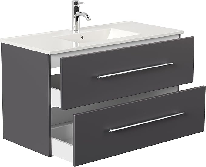 Set Mobilier Baie Suspendat,  Antracit – 80 cm cu Dulap Lateral, Lavoar Ceramic și Oglindă LED 2723 [4]