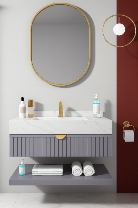 Set mobilier baie suspendat gri mat din PVC 80 cm cu lavoar din piatră&ceramică și oglindă LED - 2912 [1]