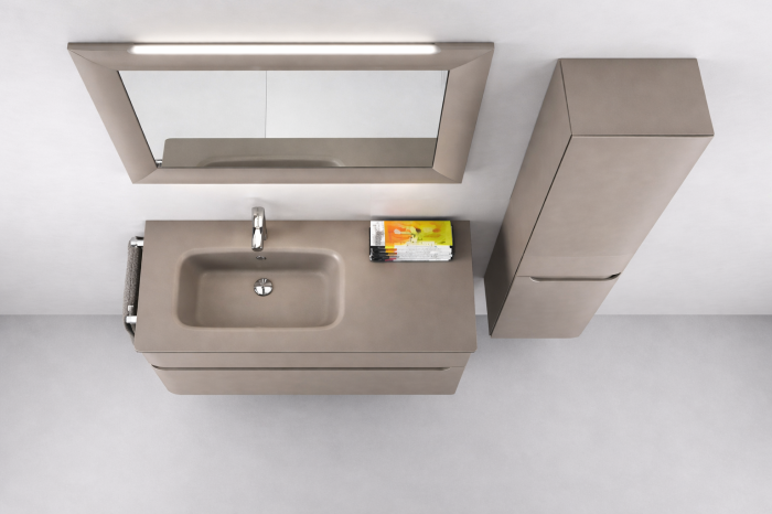 Set Mobilier Baie Suspendat din PVC – Crem, 80 cm, cu Dulap Lateral, Lavoar din Sticlă și Oglindă LED - 2158 [3]