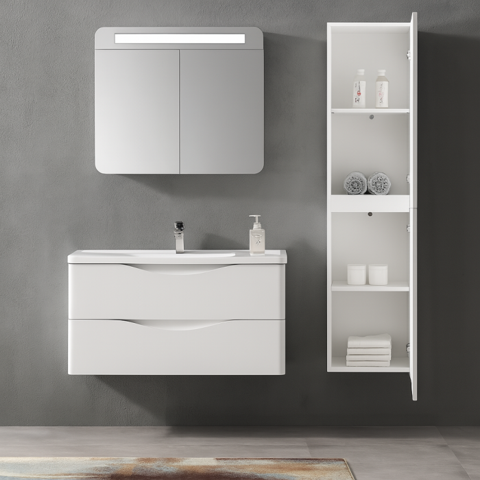 Set mobilier baie suspendat din PVC - 90cm cu lavoar ceramic, mobilier lateral și oglindă LED 2667 [3]