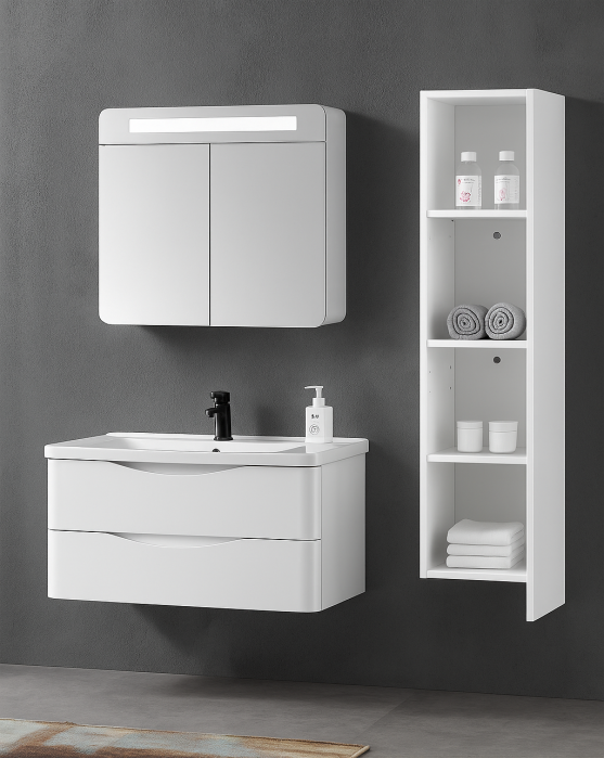 Set mobilier baie suspendat din PVC - 90cm cu lavoar ceramic, mobilier lateral și oglindă LED 2667 [4]