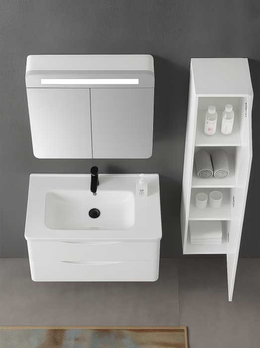 Set mobilier baie suspendat din PVC - 90cm cu lavoar ceramic, mobilier lateral și oglindă LED 2667 [5]