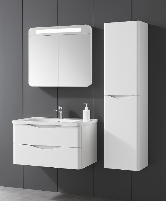 Set mobilier baie suspendat din PVC - 90cm cu lavoar ceramic, mobilier lateral și oglindă LED 2667 [2]