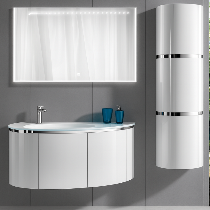 Set Mobilier Baie Suspendat 100 cm din PVC cu Lavoar din Sticlă, Oglindă LED și Corp Suspendat - 2756 [1]