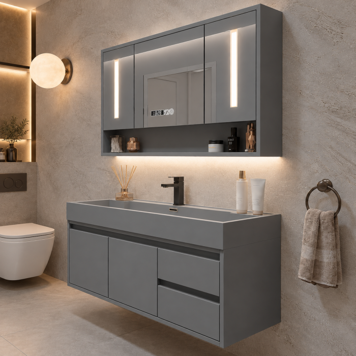 Set mobilier baie suspendat gri 100 cm cu lavoar ceramic și oglindă LED cu dulăpior -  2806 [2]