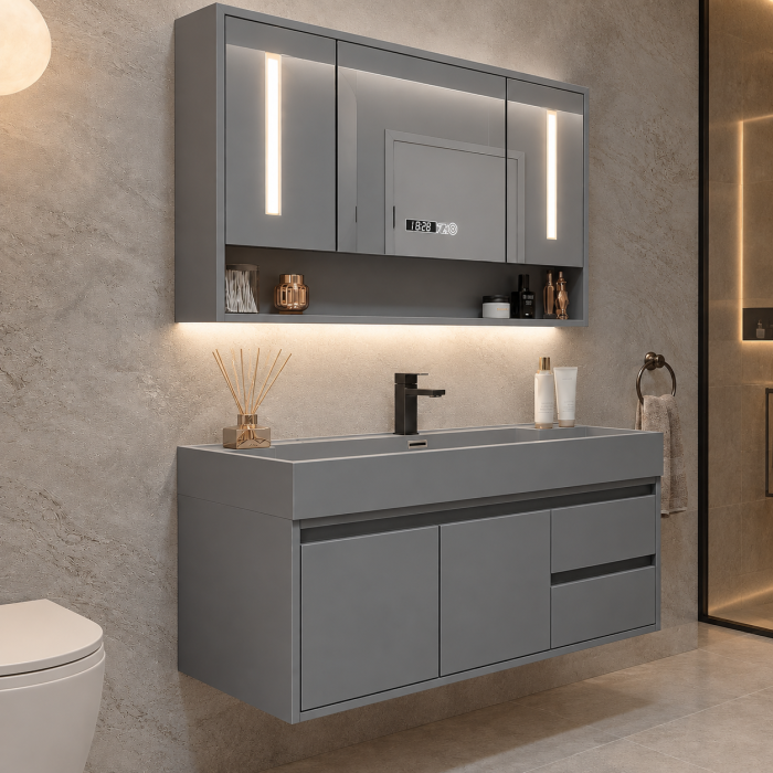 Set mobilier baie suspendat gri 100 cm cu lavoar ceramic și oglindă LED cu dulăpior -  2806 [3]