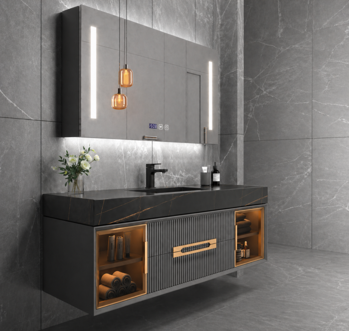 Set mobilier baie suspendat gri  100 cm cu lavoar  și oglindă LED smart - 2808b [3]