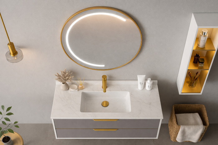 Set mobilier baie suspendat gri/alb din PVC 80 cm cu lavoar, oglindă LED și dulap lateral cu iluminare- 2687 [2]