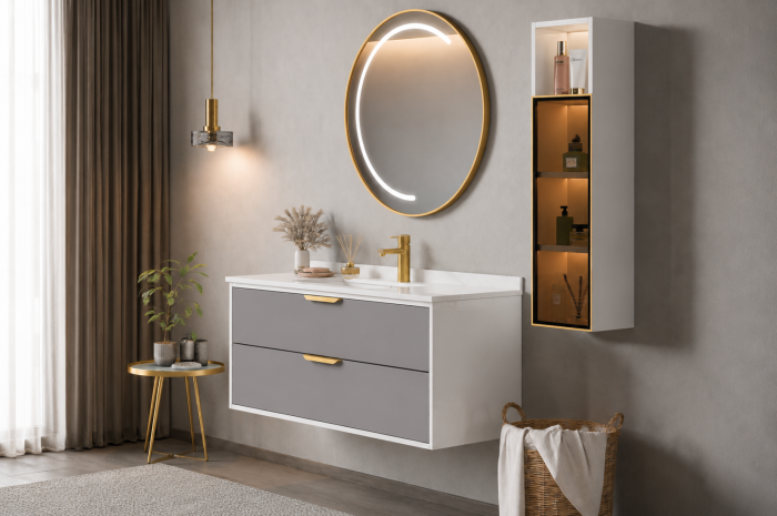 Set mobilier baie suspendat gri/alb din PVC 80 cm cu lavoar, oglindă LED și dulap lateral cu iluminare- 2687 [2]