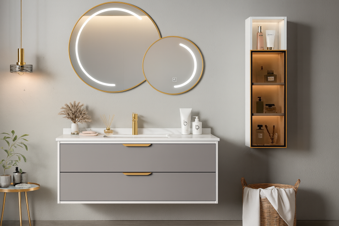 Set mobilier baie suspendat gri/alb din PVC 80 cm cu lavoar, oglindă LED și dulap lateral cu iluminare- 2687 [1]