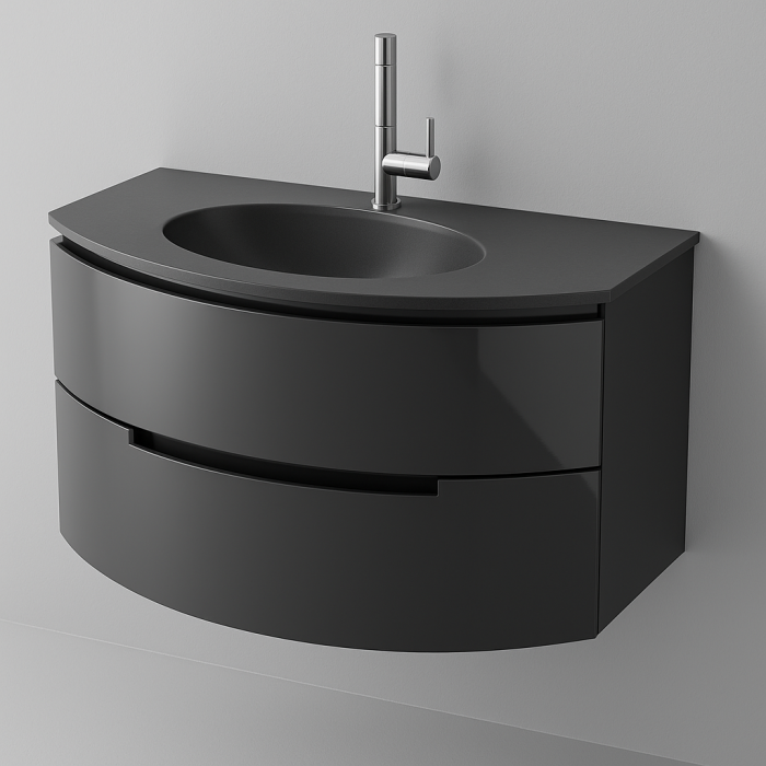 Set Mobilier Baie Negru lucios 80 cm – Corp PVC, Lavoar Sticlă și Oglindă LED 2247 [3]